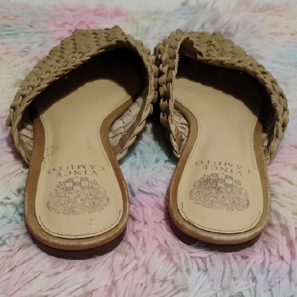 SALE! Vince Camuto Loralee Tan Woven Leather Mules - Picture 7 of 12